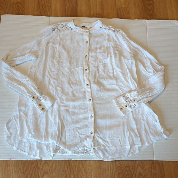 Free People The Best Button Front Blouse Womens XS White Gauze Crochet Boho - Picture 8 of 8